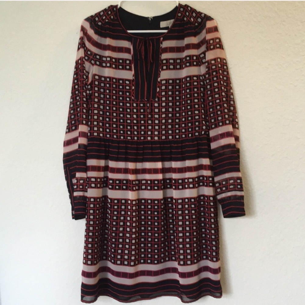 Loft printed keyhole neck dress sz small navy red